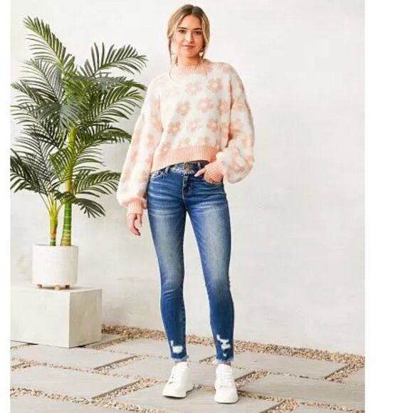 Floral Print Cropped Sweater Womens Size Small Peach Mint - Picture 10 of 10